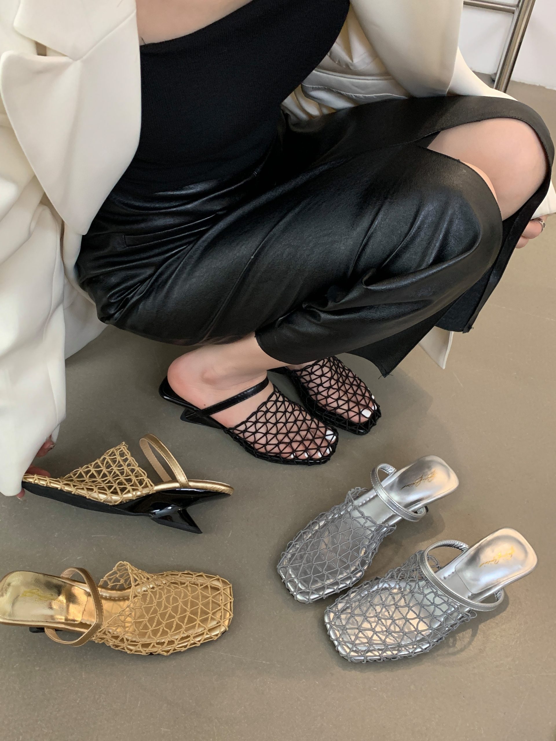 2025 Summer New Style Woven Fishnet Roman Sandals Hollow Breathable Mule Shoes Wedge Heel Women 5CM