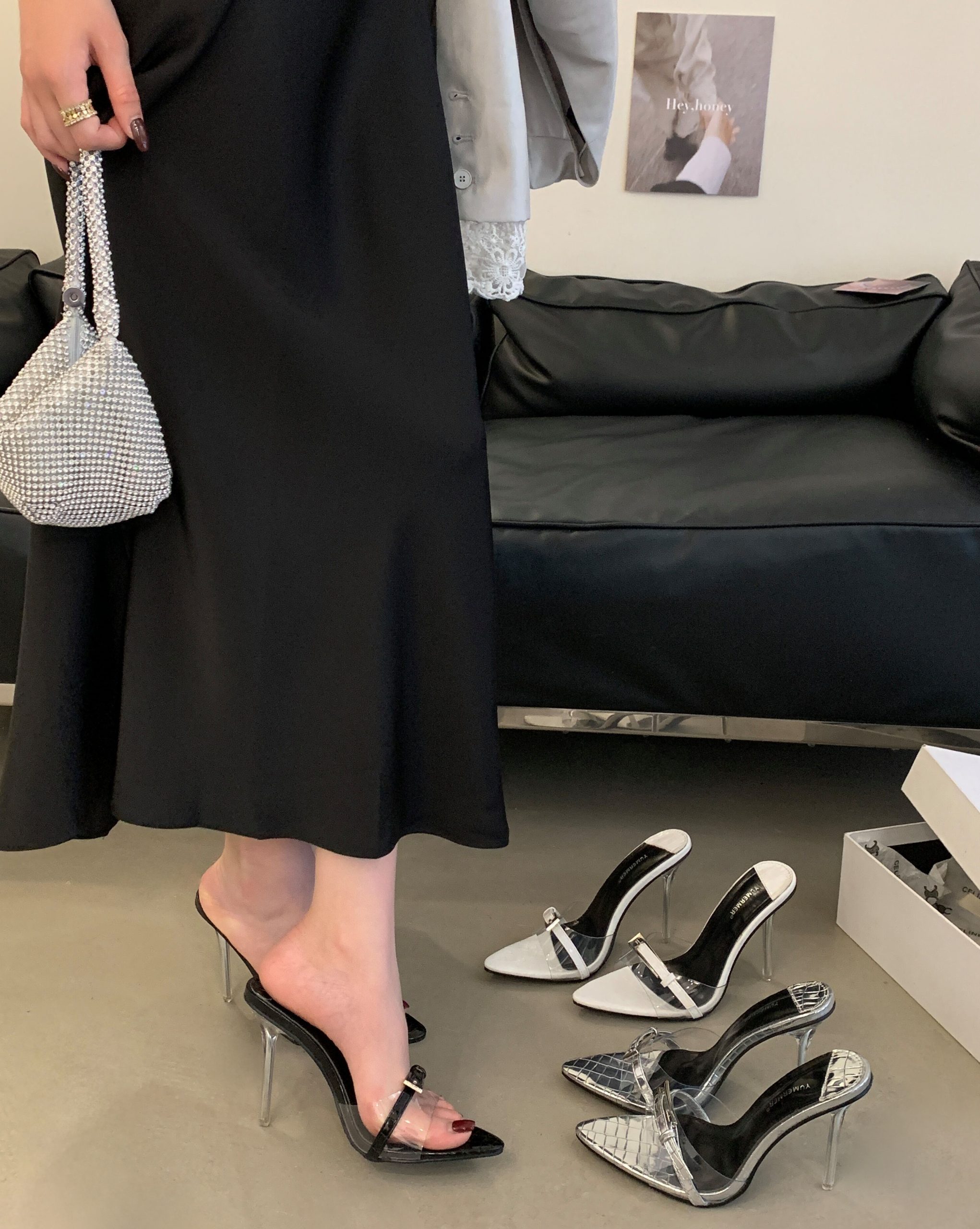 2025 European American Trend Crystal Transparent Heel Pointed Toe Square Buckle Sexy Thin High Heel Slippers Plus Size