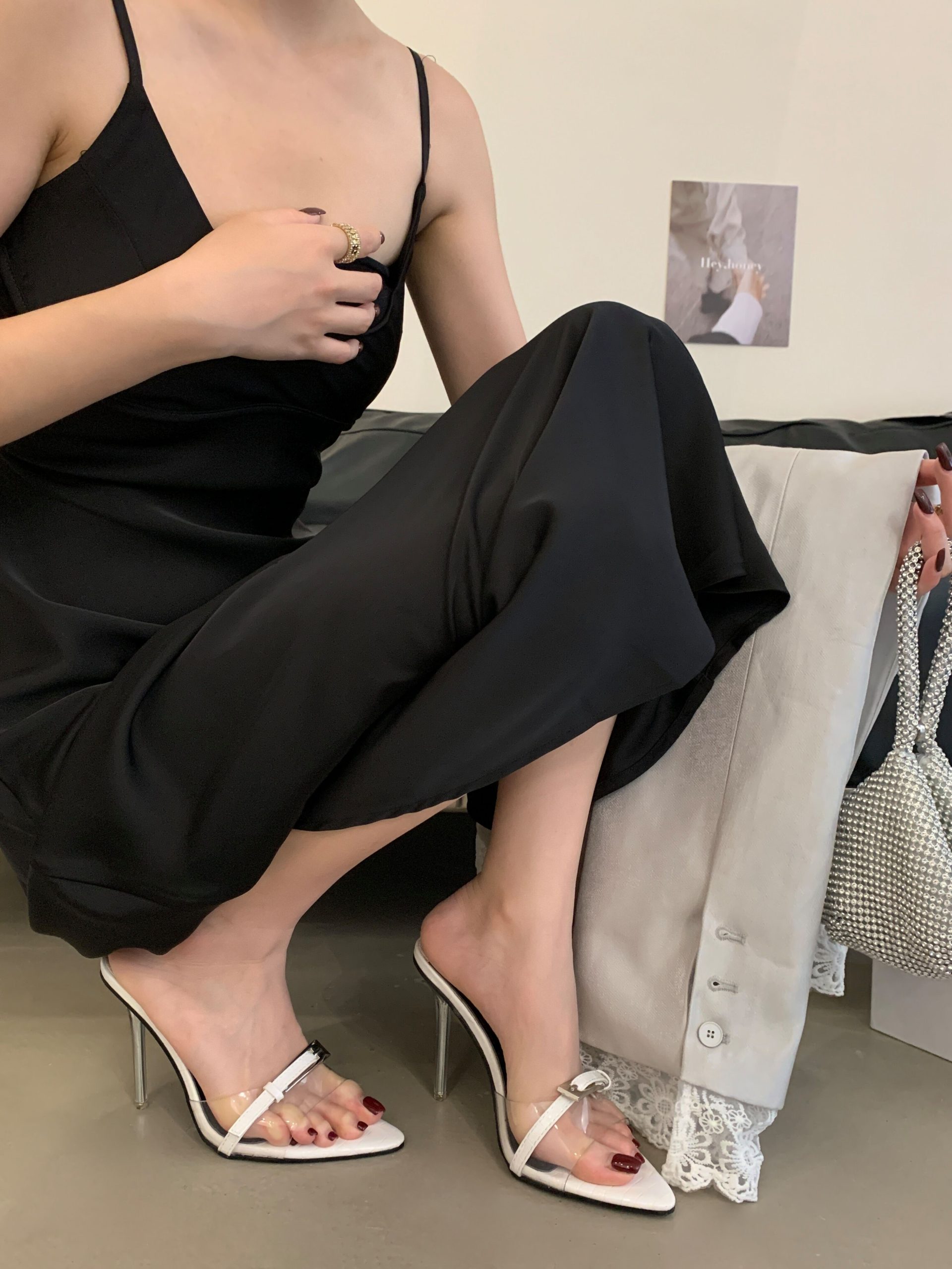 2025 European American Trend Crystal Transparent Heel Pointed Toe Square Buckle Sexy Thin High Heel Slippers Plus Size