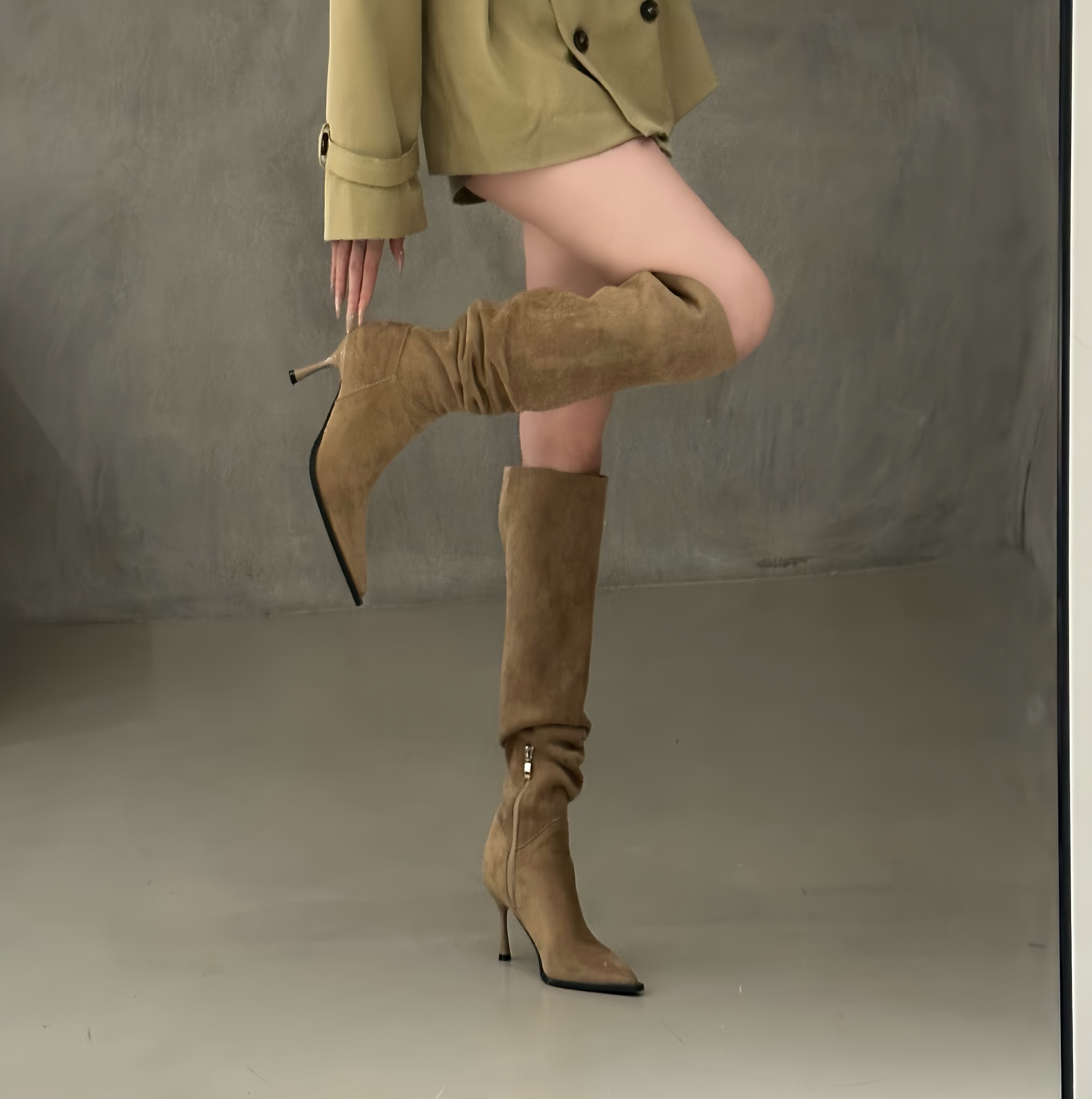Women's Pointed Toe High Heel Slim Boots Over Knee Folded Wrinkled Martin Boots - Image 4