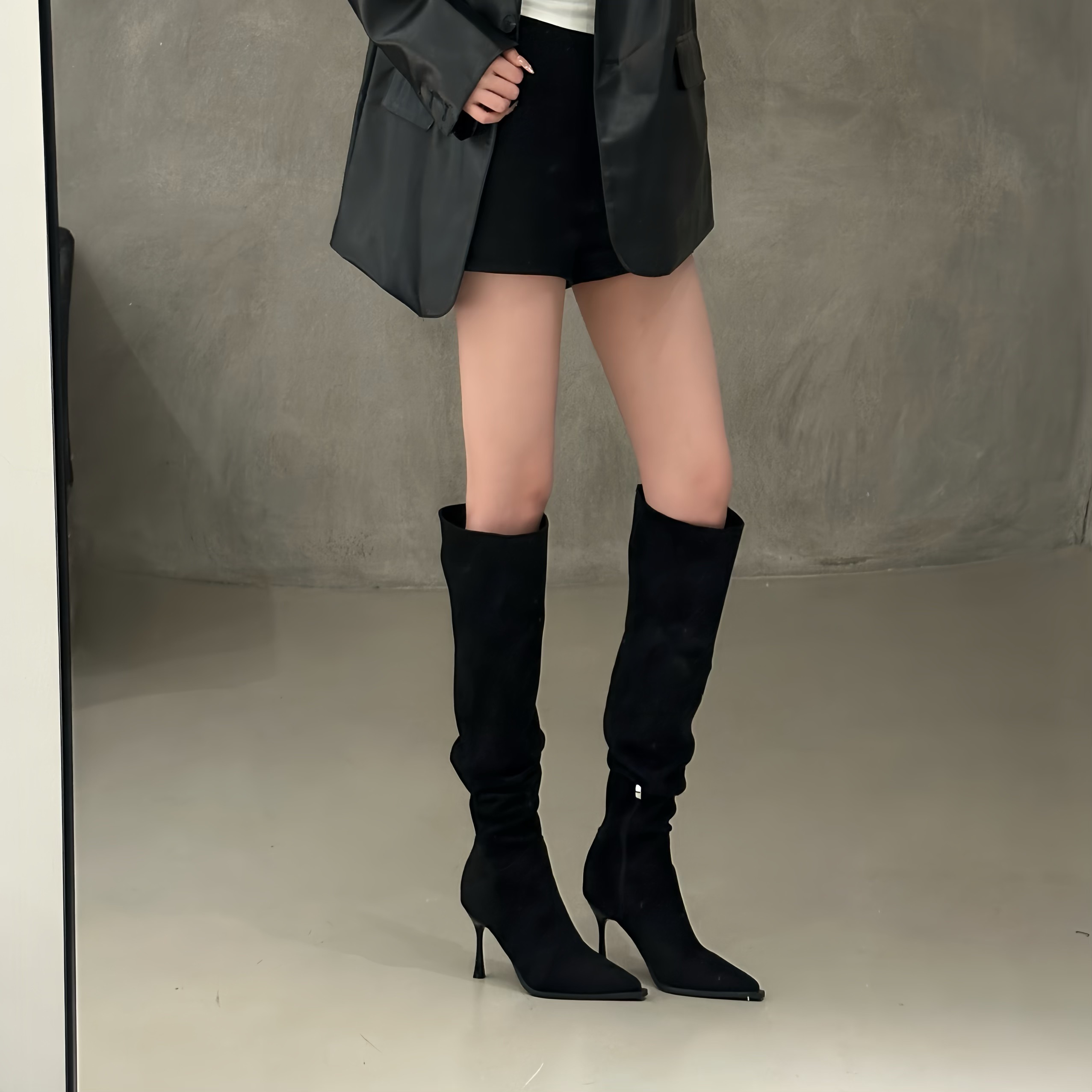 Women's Pointed Toe High Heel Slim Boots Over Knee Folded Wrinkled Martin Boots - Image 3
