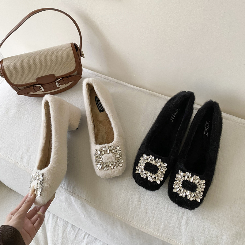 French Style Women’s Furry Square Heel Shoes with Rhinestone Buckle, Chunky Heel, Fairy Style, Low Top Warm Winter Shoes