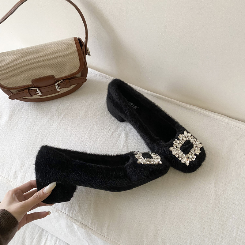 French Style Women’s Furry Square Heel Shoes with Rhinestone Buckle, Chunky Heel, Fairy Style, Low Top Warm Winter Shoes