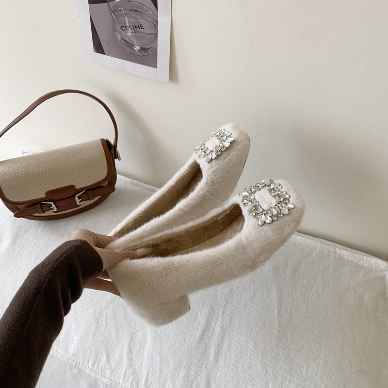 French Style Women's Furry Square Heel Shoes with Rhinestone Buckle, Chunky Heel, Fairy Style, Low Top Warm Winter Shoes - Image 3