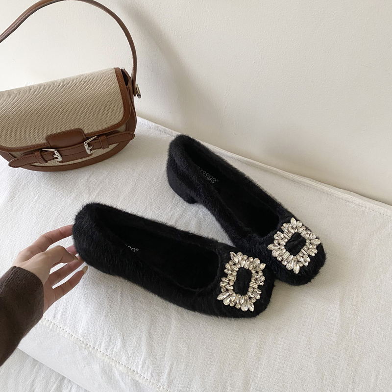 French Style Women's Furry Square Heel Shoes with Rhinestone Buckle, Chunky Heel, Fairy Style, Low Top Warm Winter Shoes - Image 4