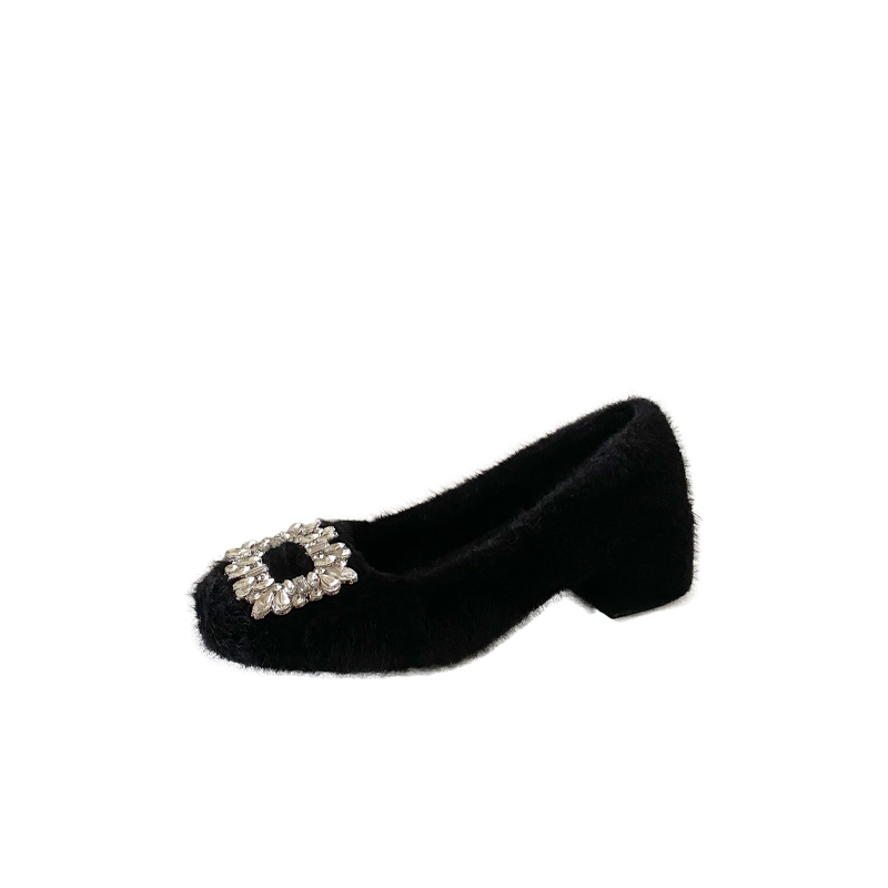French Style Women's Furry Square Heel Shoes with Rhinestone Buckle, Chunky Heel, Fairy Style, Low Top Warm Winter Shoes - Image 5