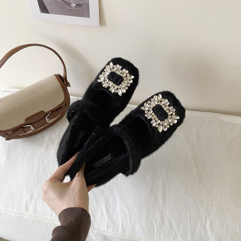 CSYCOCO Women’s Winter Furry Ballet Square Toe Mary Jane Shoes with Chunky Heel and Plush Lining