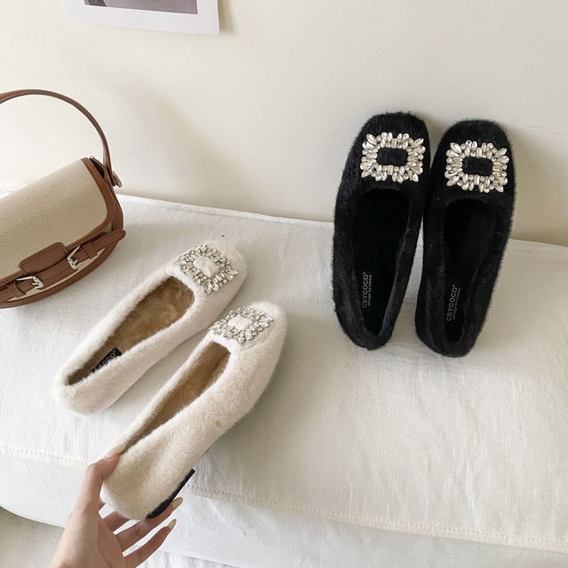 French Style Flat Furry Women’s Shoes Fairy Wind Slip-On Warm Lined Shoes