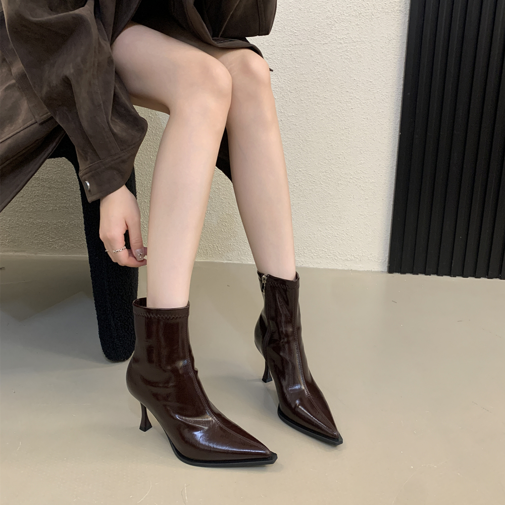 Pointed Toe High Heel Ankle Boots Women 2025 Autumn Winter New European American Brown Retro Thin Heel Slim Boots