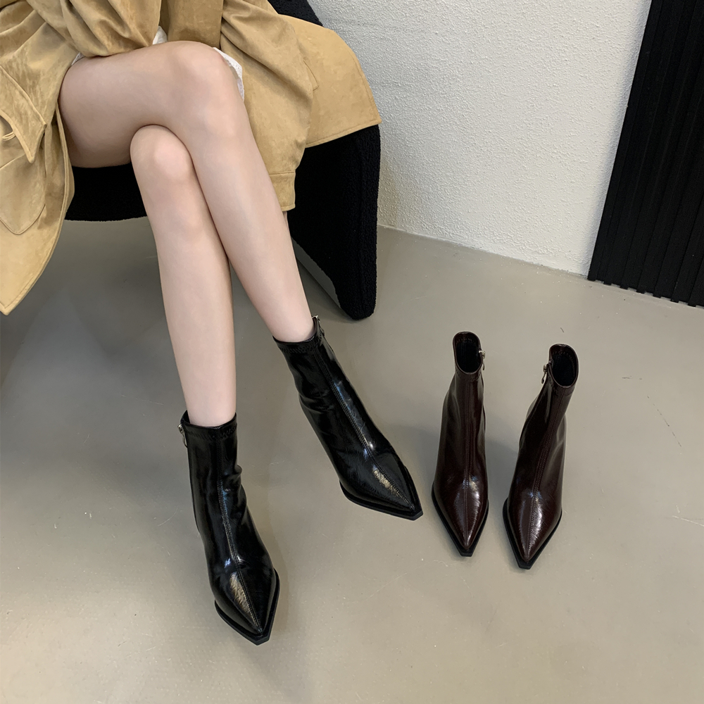 Pointed Toe High Heel Ankle Boots Women 2025 Autumn Winter New European American Brown Retro Thin Heel Slim Boots