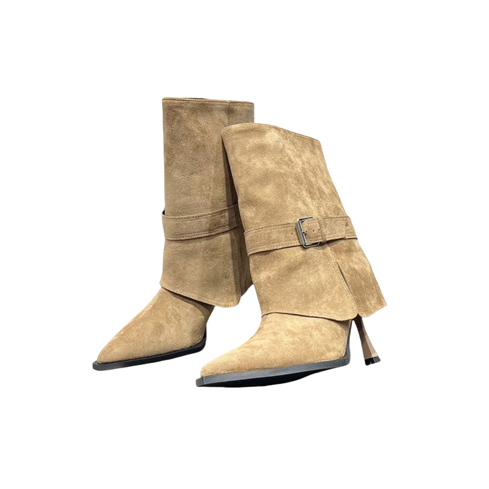Vintage Buckle Pointed Toe Mid-Calf Boots Women High Heel 2025 New French Suede Boots - Image 5