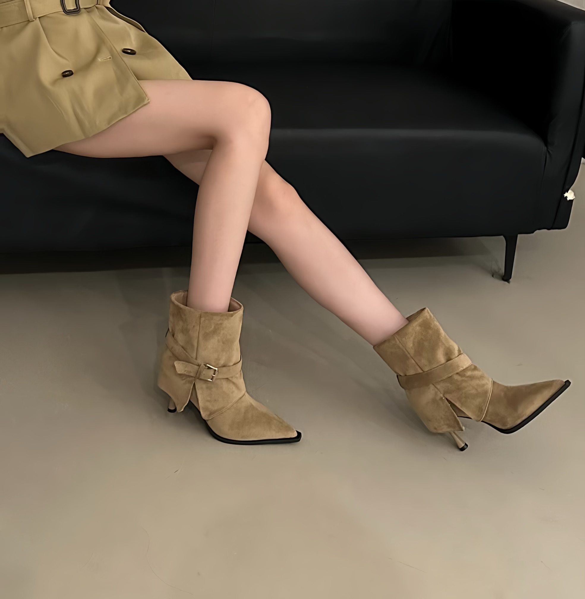 Vintage Buckle Pointed Toe Mid-Calf Boots Women High Heel 2025 New French Suede Boots - Image 3