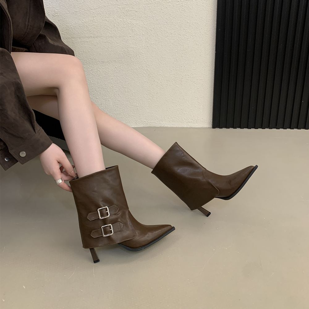 French Style Belt Buckle Pointed Toe Slim Heel Riding Boots for Women Short Boots High Heel Martin Boots - Image 3