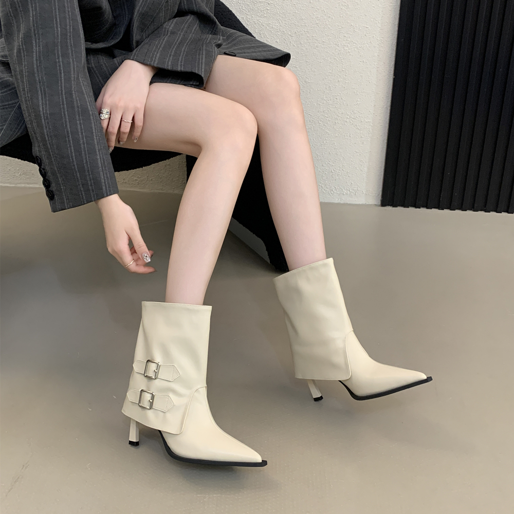 French Style Belt Buckle Pointed Toe Slim Heel Riding Boots for Women Short Boots High Heel Martin Boots - Image 4
