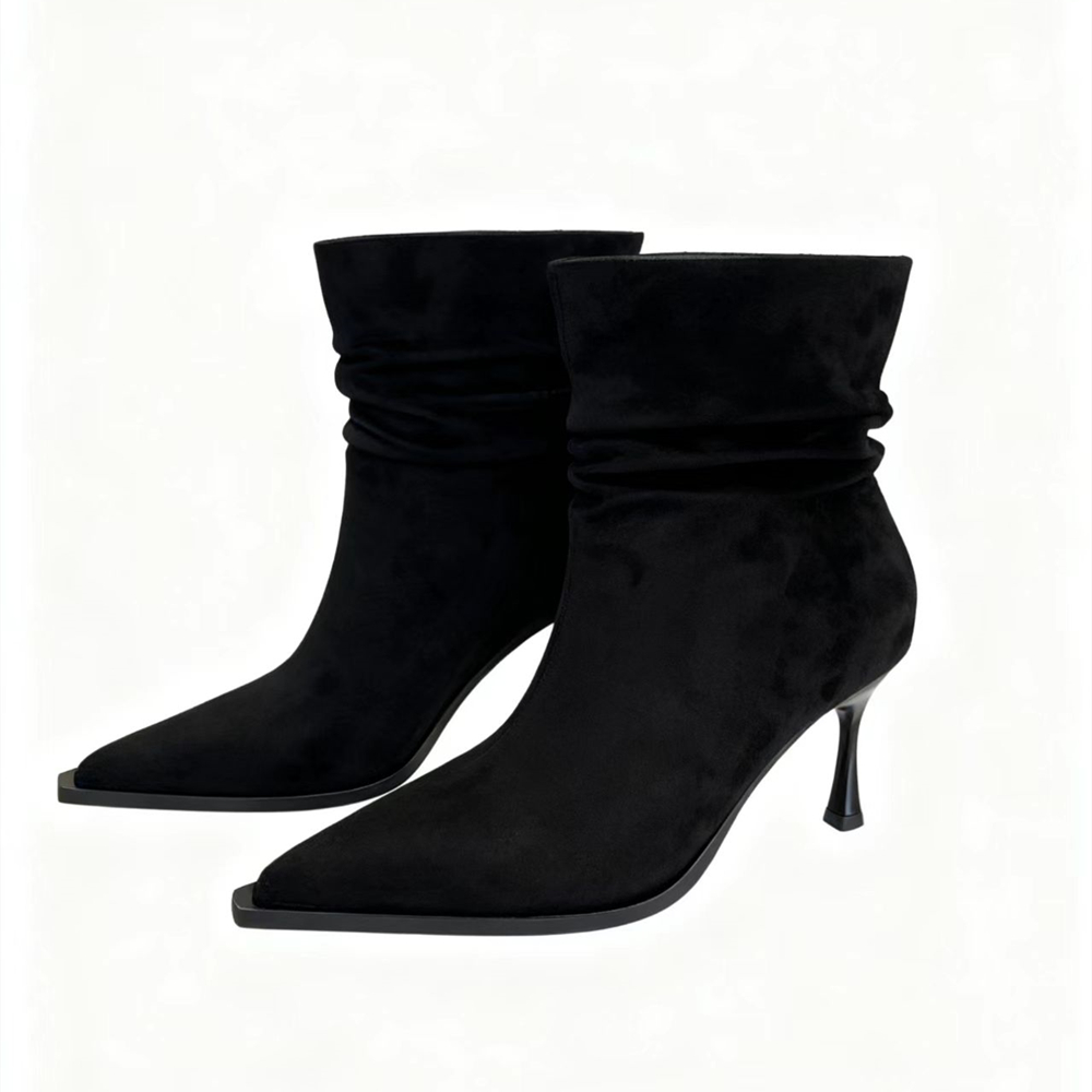 Korean Style High Heel Pleated Slim Ankle Boots for Women Autumn Winter Suede Trendy Stacked Boots - Image 5
