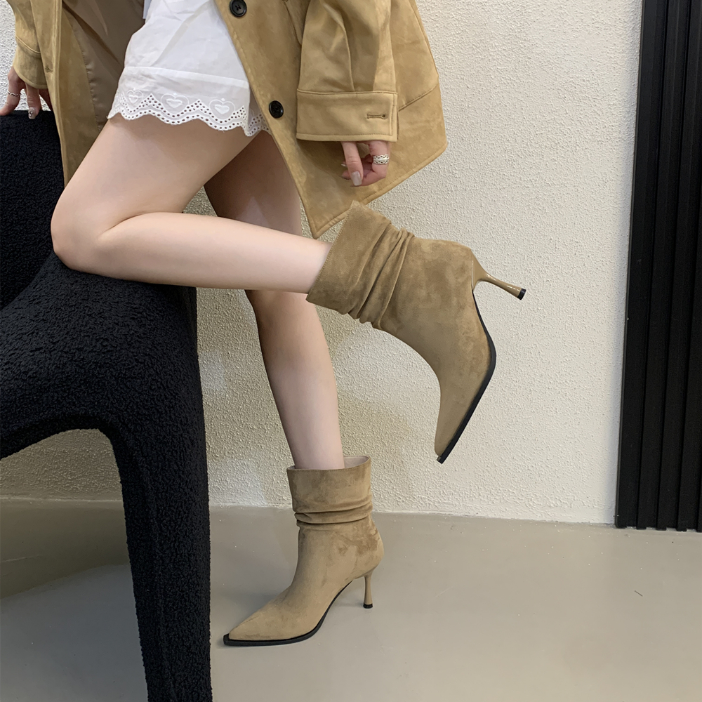 Korean Style High Heel Pleated Slim Ankle Boots for Women Autumn Winter Suede Trendy Stacked Boots - Image 4