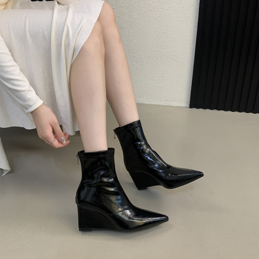 French Pointed Toe Wedge Ankle Boots Women 2025 Winter New Style Slim High Heel Fashion Boots - Image 3