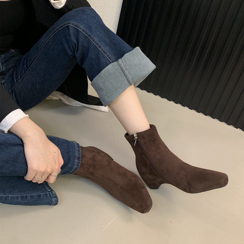 Korean Style Square Toe Platform Side Zipper Martin Boots 2025 Autumn Winter New Suede Chelsea Short Boots