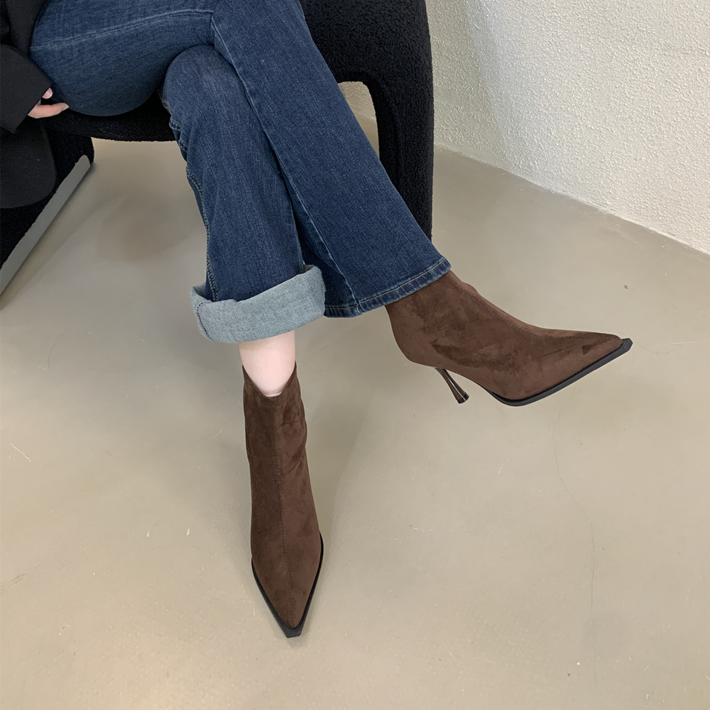 French High Heel Pointed Toe Suede Khaki Slim Boots Women 2025 New Autumn Winter Boots - Image 4