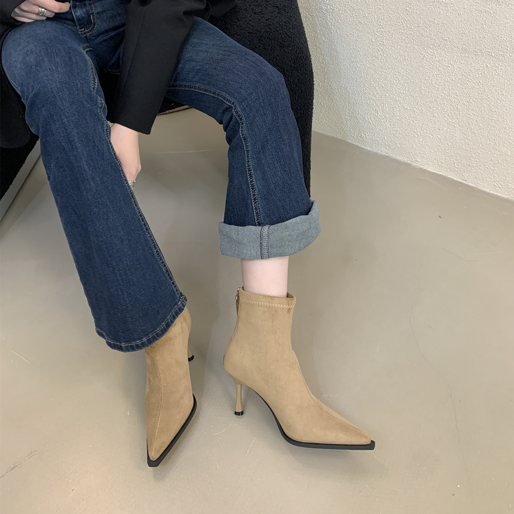 French High Heel Pointed Toe Suede Khaki Slim Boots Women 2025 New Autumn Winter Boots