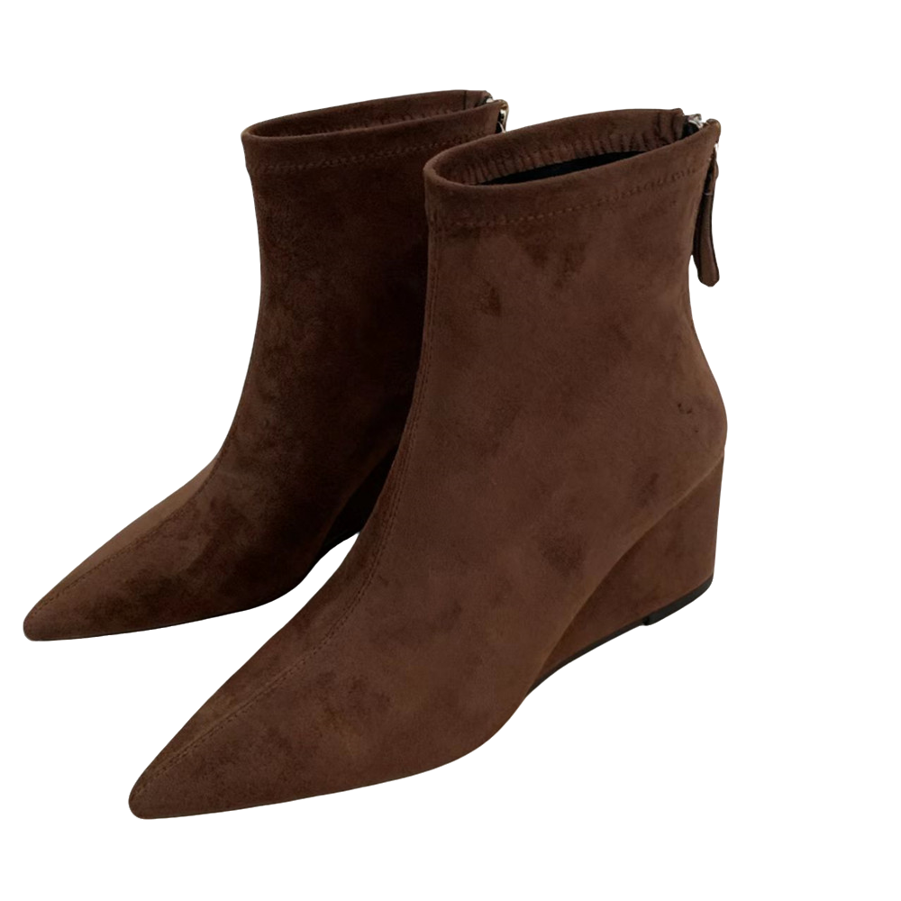 Women's Suede Pointed Toe Wedge Ankle Boots with Back Zipper Slim Fit Brown Winter Boots - Image 5